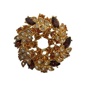 Gold Tone Rhinestone Wreath Brooch Amber & Clear Leaf Pin